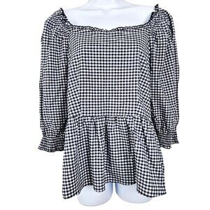 Morgan Taylor Womens XL Navy & White Gingham Peplum Blouse Ruched 3/4 Sleeves